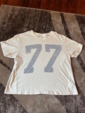 American Eagle Outfitters Cream Short-Sleeve Tee with Grey Logo